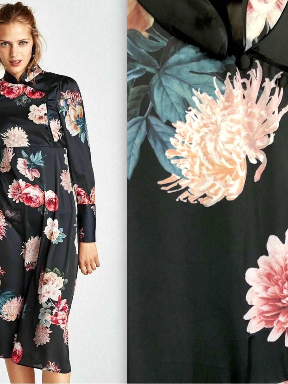 Zara Black Floral Midi Dress with Pink and Green Blooms